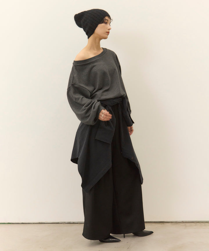 [SET]Sweat Boat Neck Top+Wrap Belt Wide Slacks