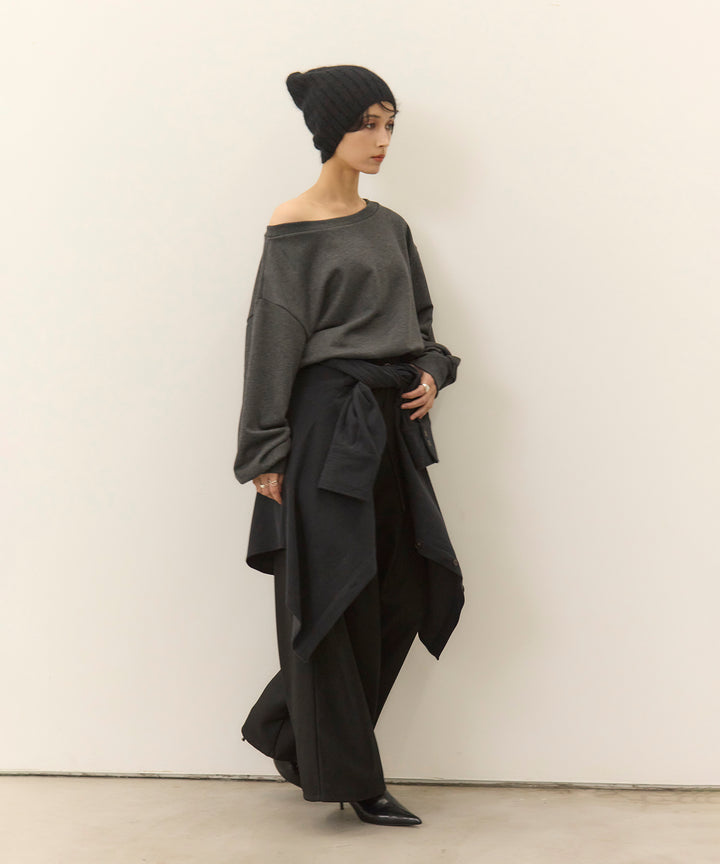 [SET]Sweat Boat Neck Top+Wrap Belt Wide Slacks
