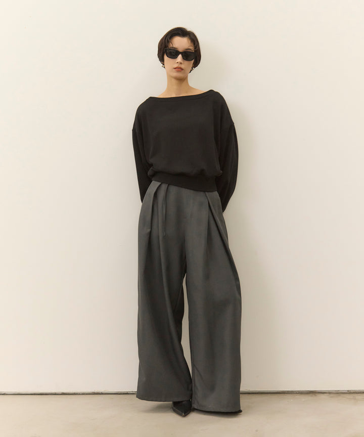 [SET]Sweat Boat Neck Top+Wrap Belt Wide Slacks