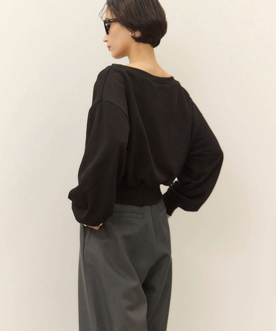 [SET]Sweat Boat Neck Top+Wrap Belt Wide Slacks