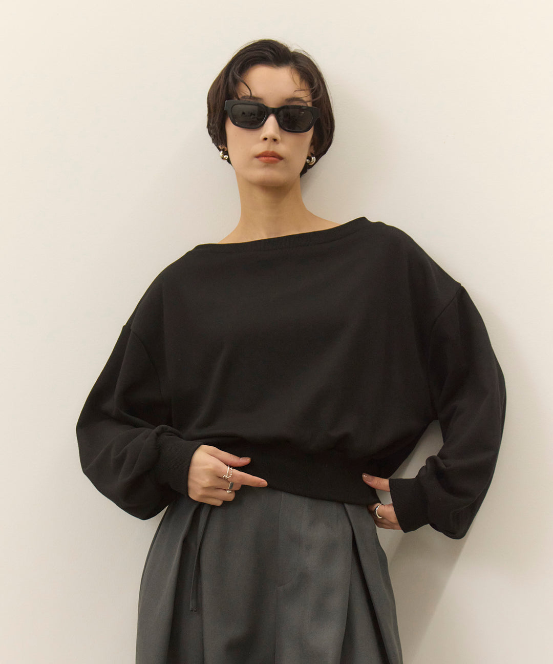 [SET]Sweat Boat Neck Top+Wrap Belt Wide Slacks