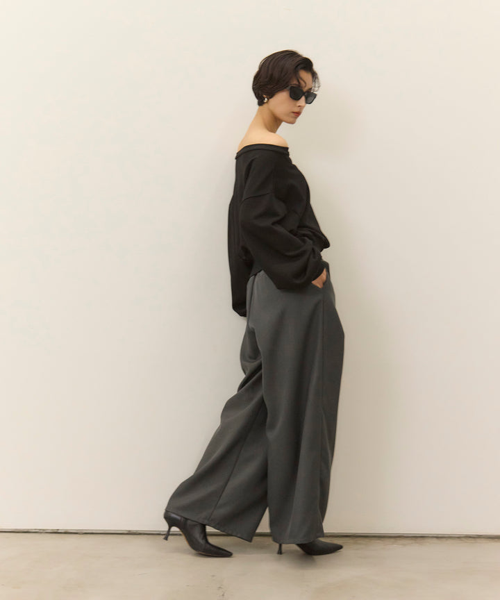 [SET]Sweat Boat Neck Top+Wrap Belt Wide Slacks