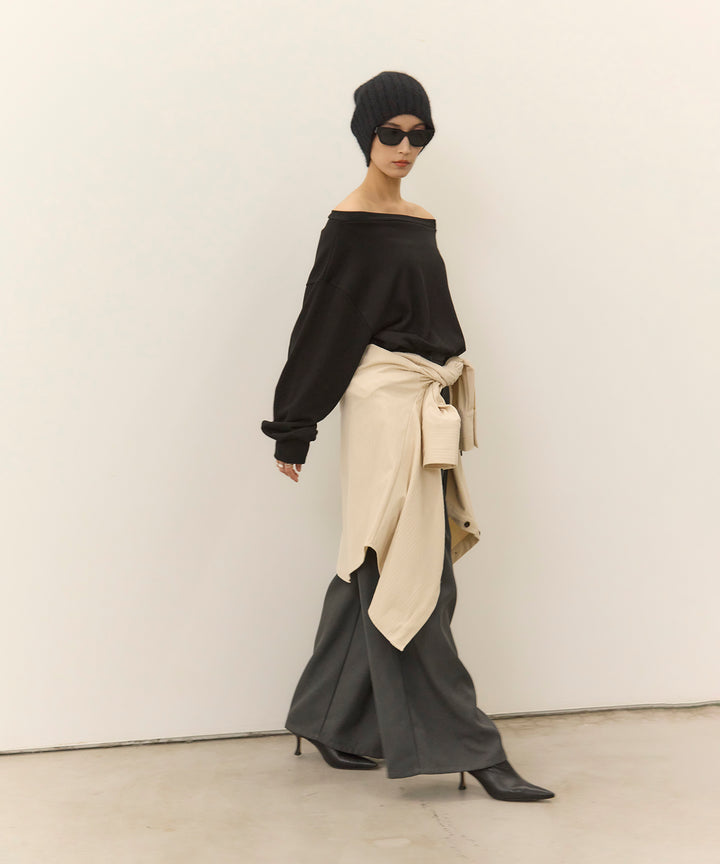[SET]Sweat Boat Neck Top+Wrap Belt Wide Slacks