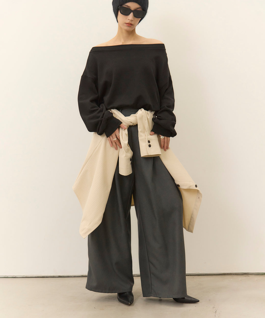 [SET]Sweat Boat Neck Top+Wrap Belt Wide Slacks