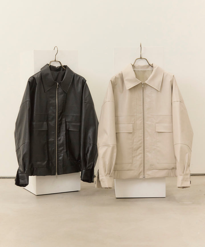 [SET]Fake Leather Wide BZ+Polo Knit Accent Onepiece