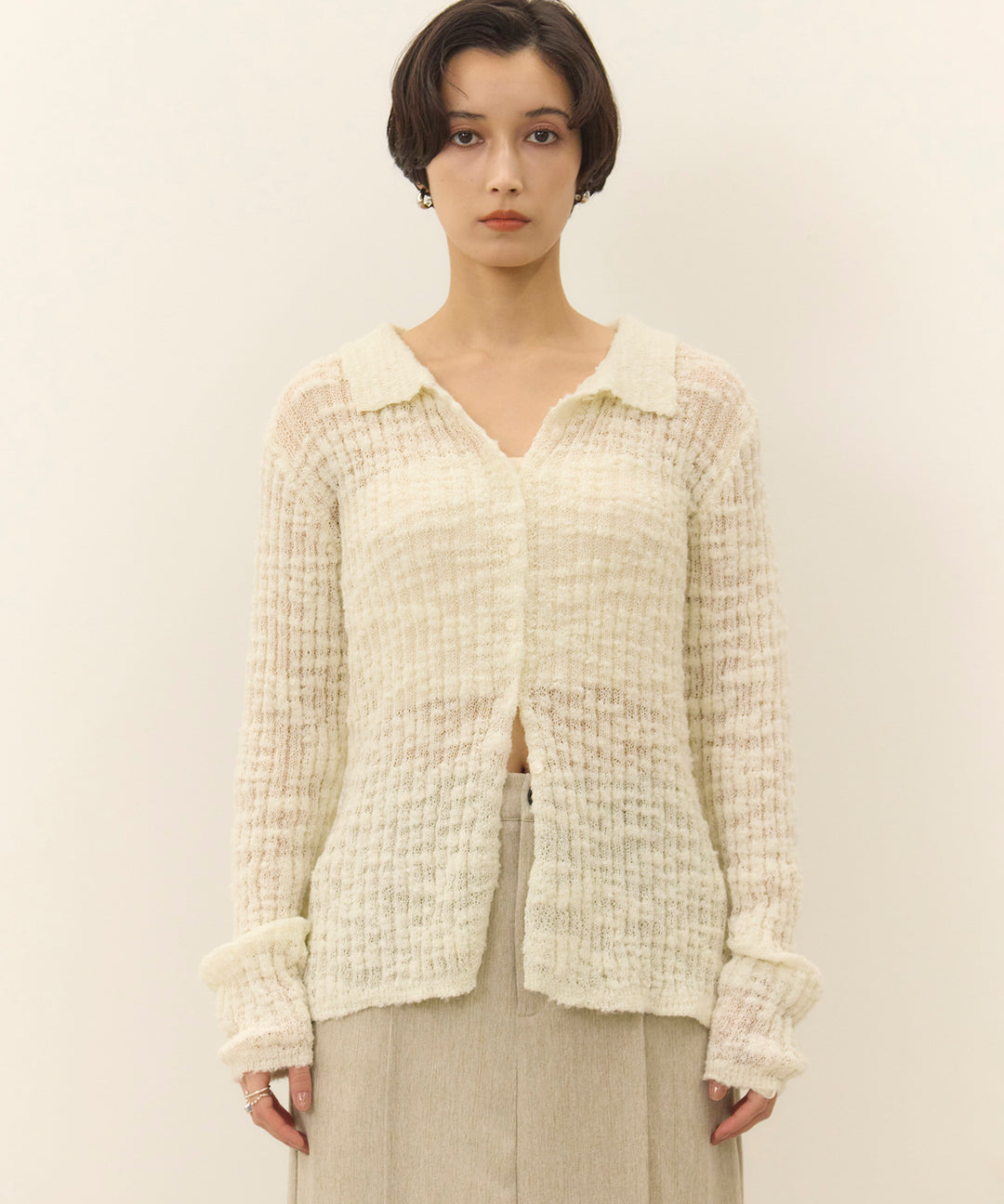 (eliuu)Slub Yarn Knit Polo Cardigan