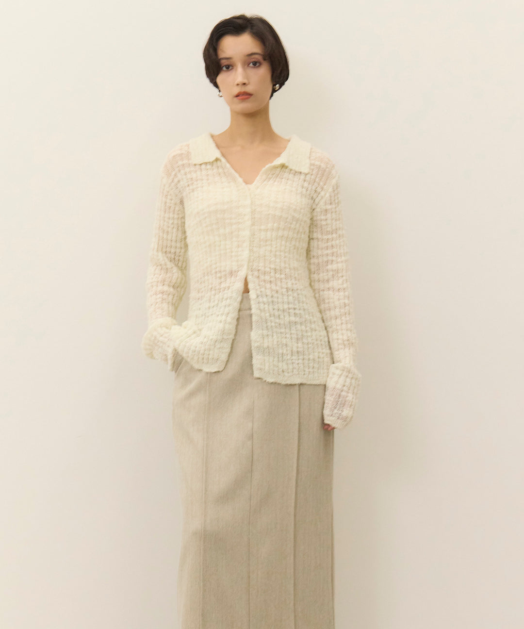 (eliuu)Slub Yarn Knit Polo Cardigan