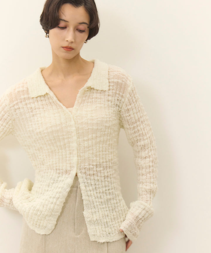 (eliuu)Slub Yarn Knit Polo Cardigan