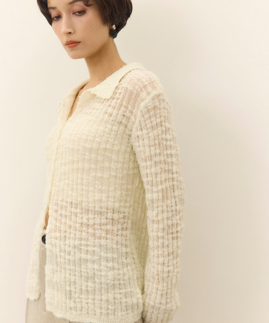 [2SET]Slub Yarn Knit Polo Cardigan+Hem Wash Denim