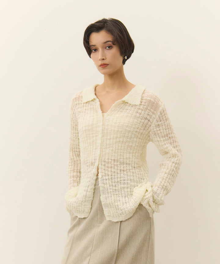 (eliuu)Slub Yarn Knit Polo Cardigan