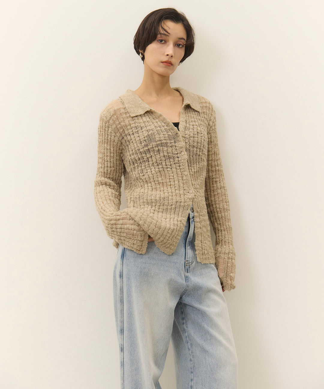 [2SET]Slub Yarn Knit Polo Cardigan+Hem Wash Denim