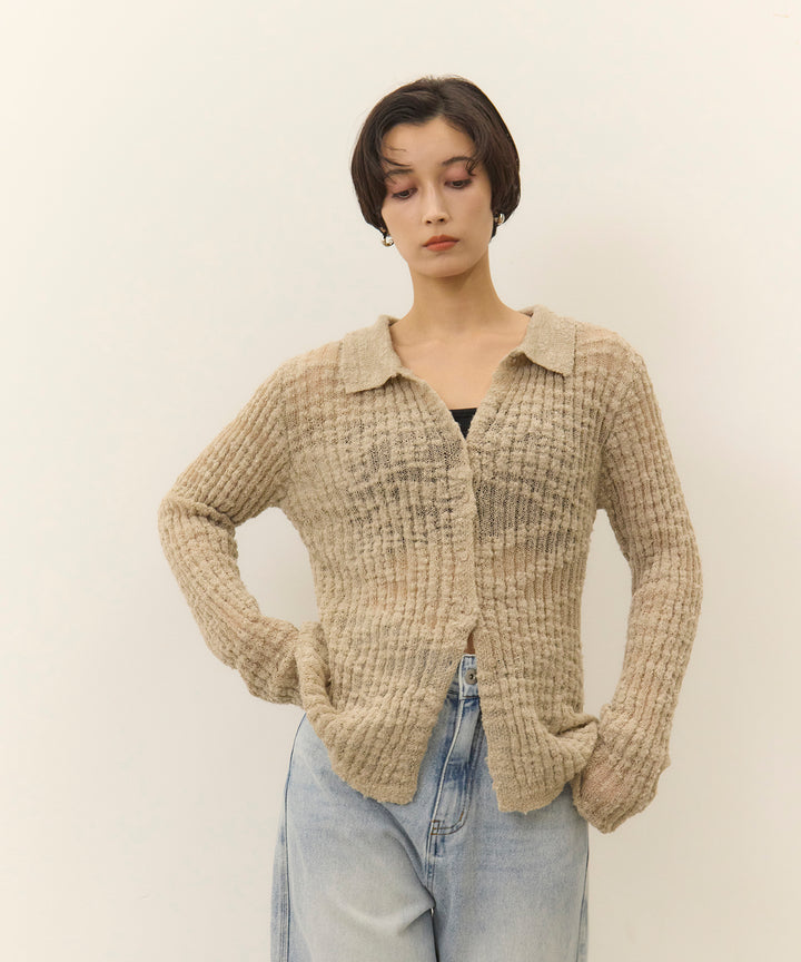 (eliuu)Slub Yarn Knit Polo Cardigan