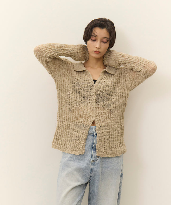 (eliuu)Slub Yarn Knit Polo Cardigan