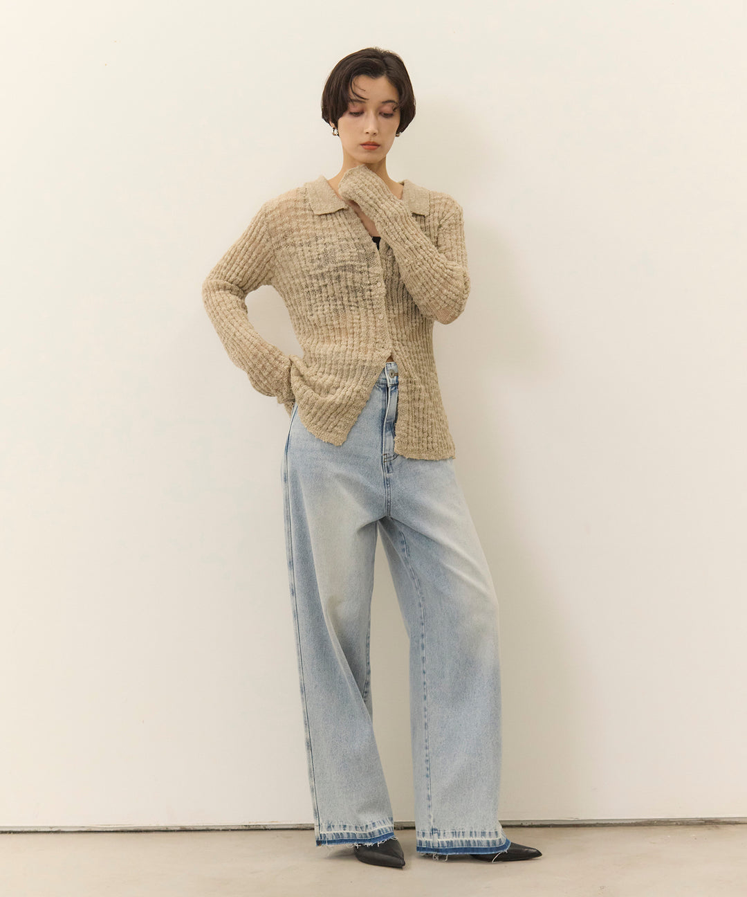 (eliuu)Slub Yarn Knit Polo Cardigan