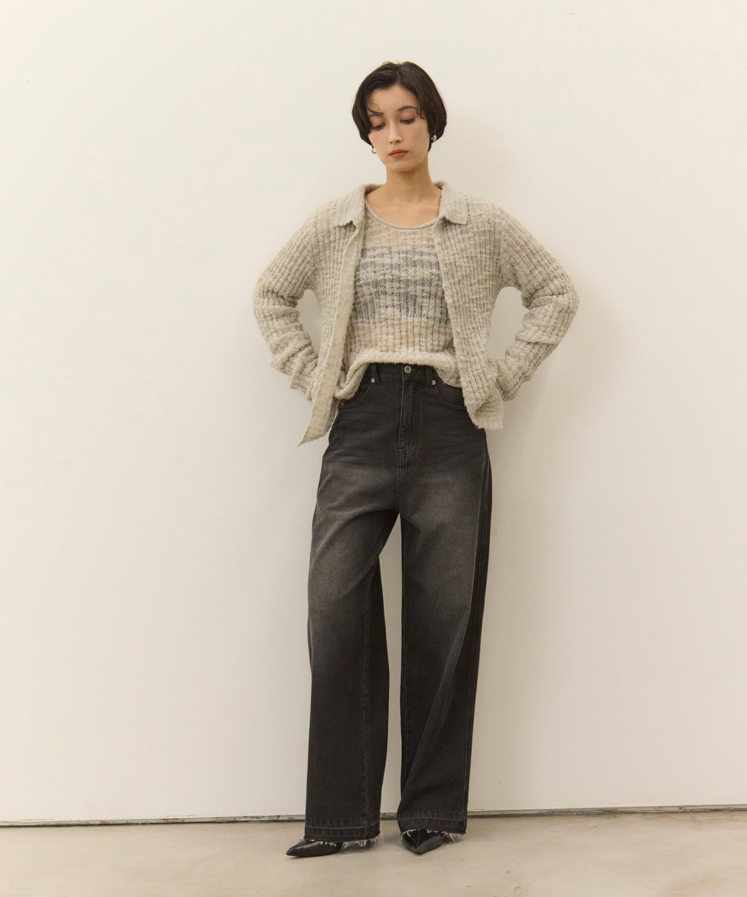 [2SET]Slub Yarn Knit Polo Cardigan+Hem Wash Denim