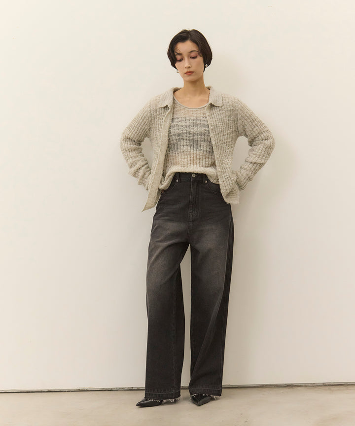 [2SET]Slub Yarn Knit Polo Cardigan+Hem Wash Denim