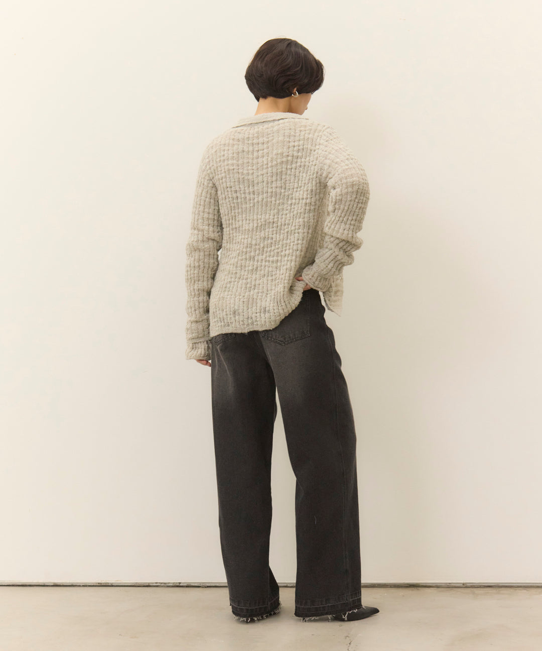 [2SET]Slub Yarn Knit Polo Cardigan+Hem Wash Denim
