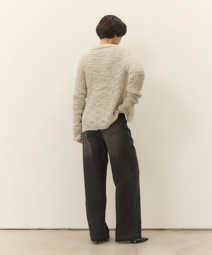[2SET]Slub Yarn Knit Polo Cardigan+Hem Wash Denim