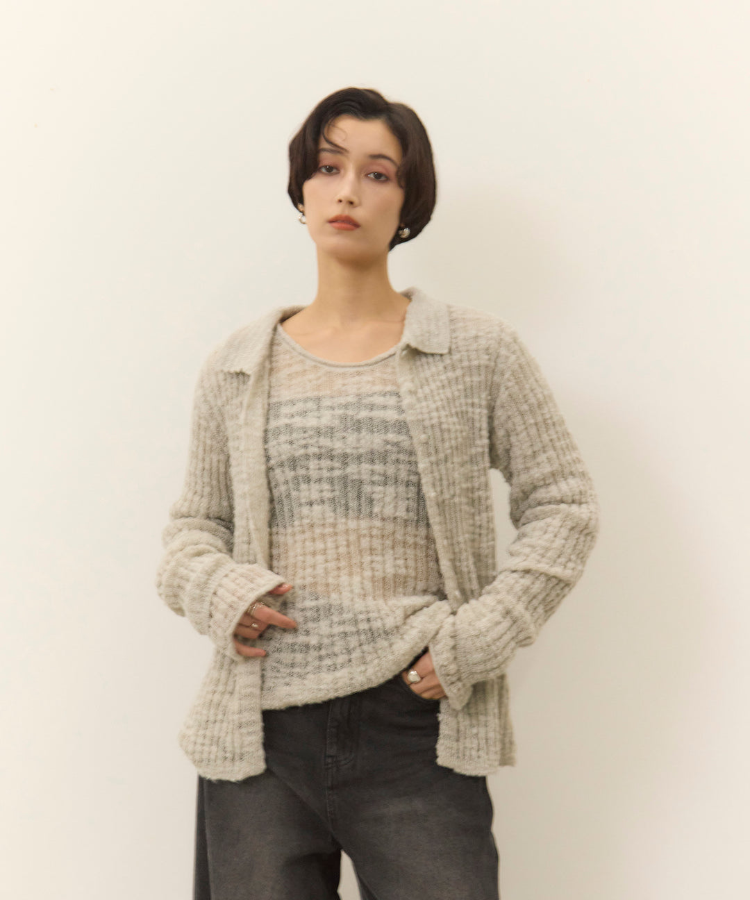 (eliuu)Slub Yarn Knit Polo Cardigan