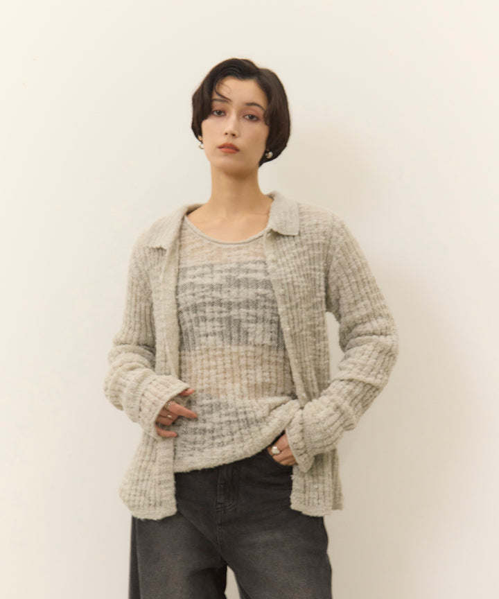 (eliuu)Slub Yarn Knit Polo Cardigan