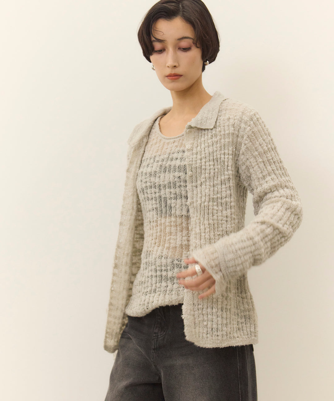 (eliuu)Slub Yarn Knit Polo Cardigan