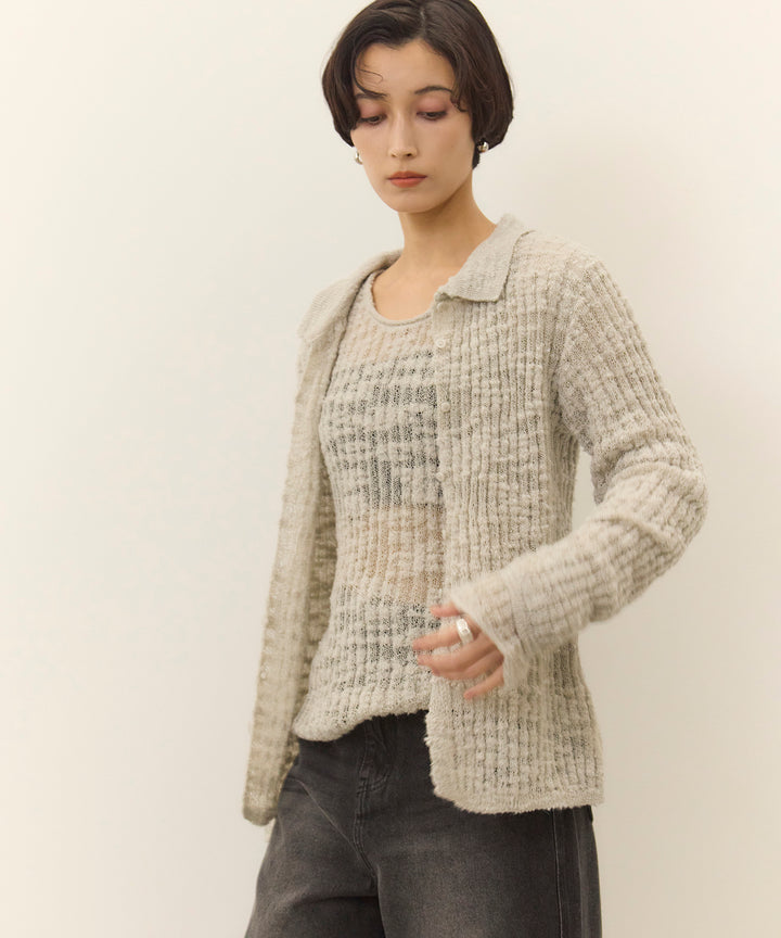 (eliuu)Slub Yarn Knit Polo Cardigan