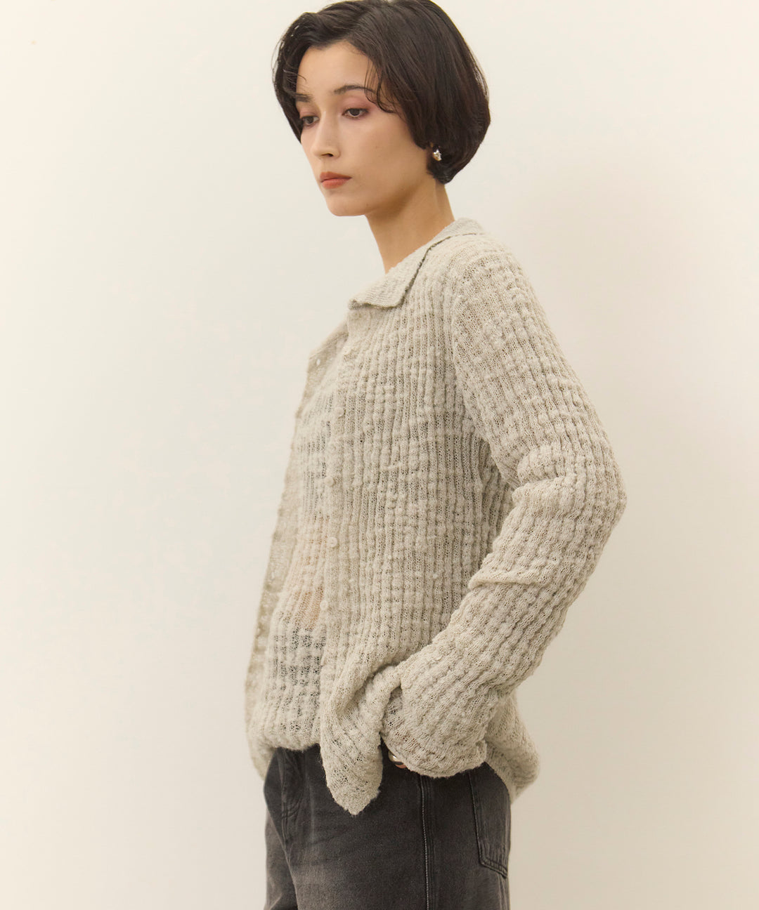 (eliuu)Slub Yarn Knit Polo Cardigan