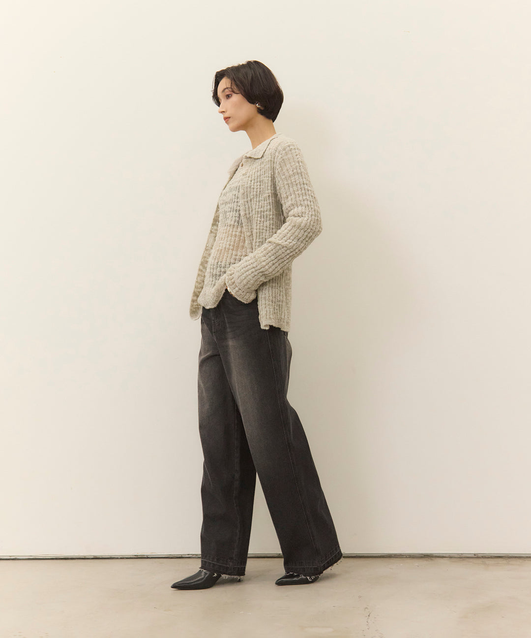 [2SET]Slub Yarn Knit Polo Cardigan+Hem Wash Denim