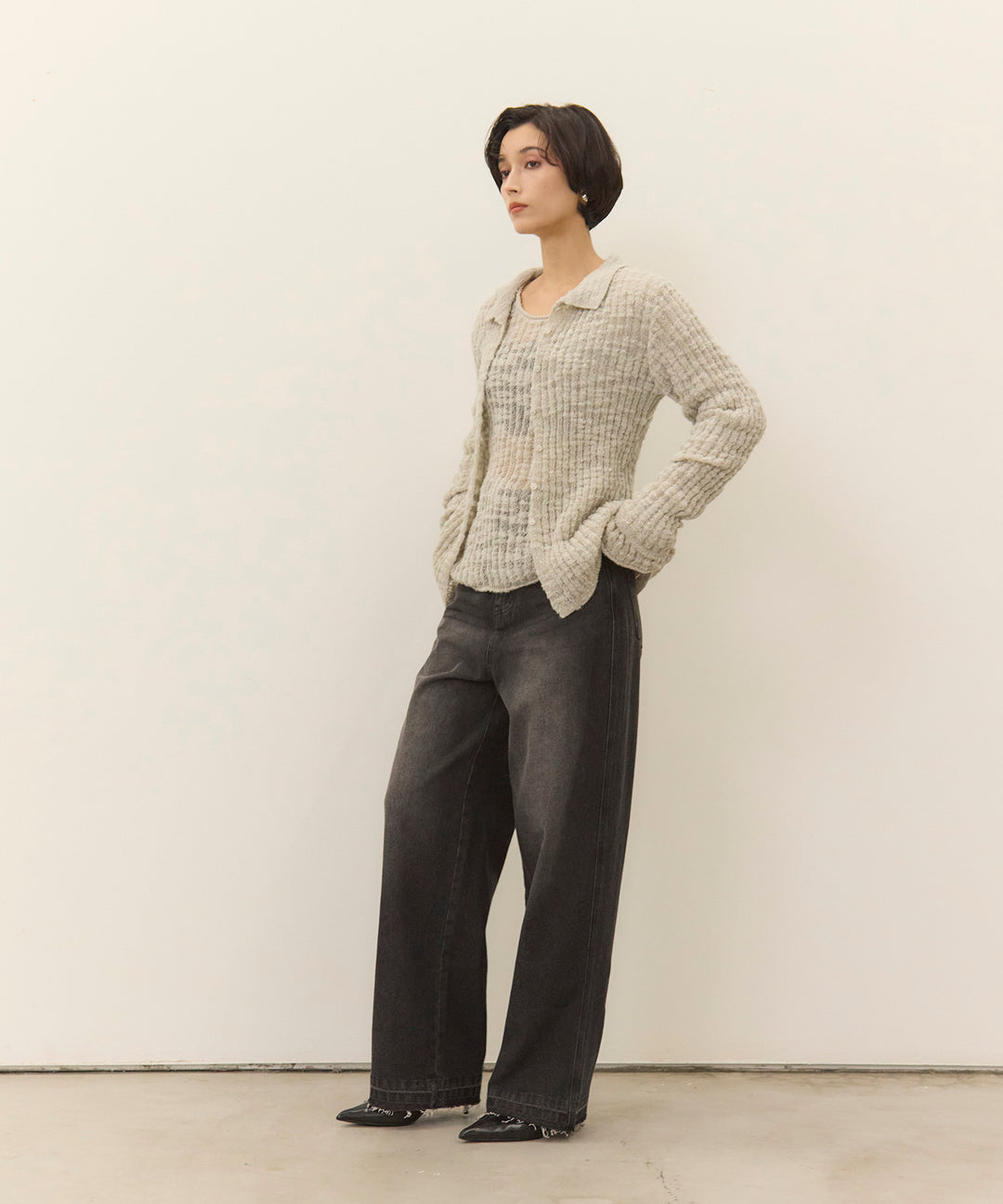 (eliuu)Slub Yarn Knit Polo Cardigan
