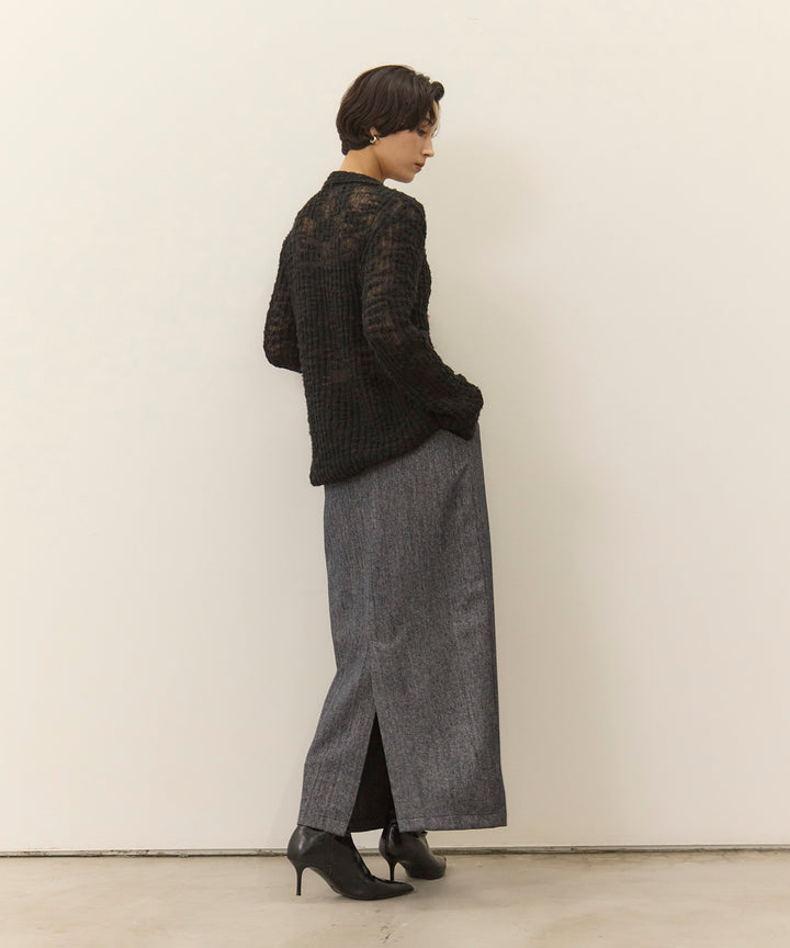 [2SET]Slub Yarn Knit Polo Cardigan+Pintuck Herringbone Skirt