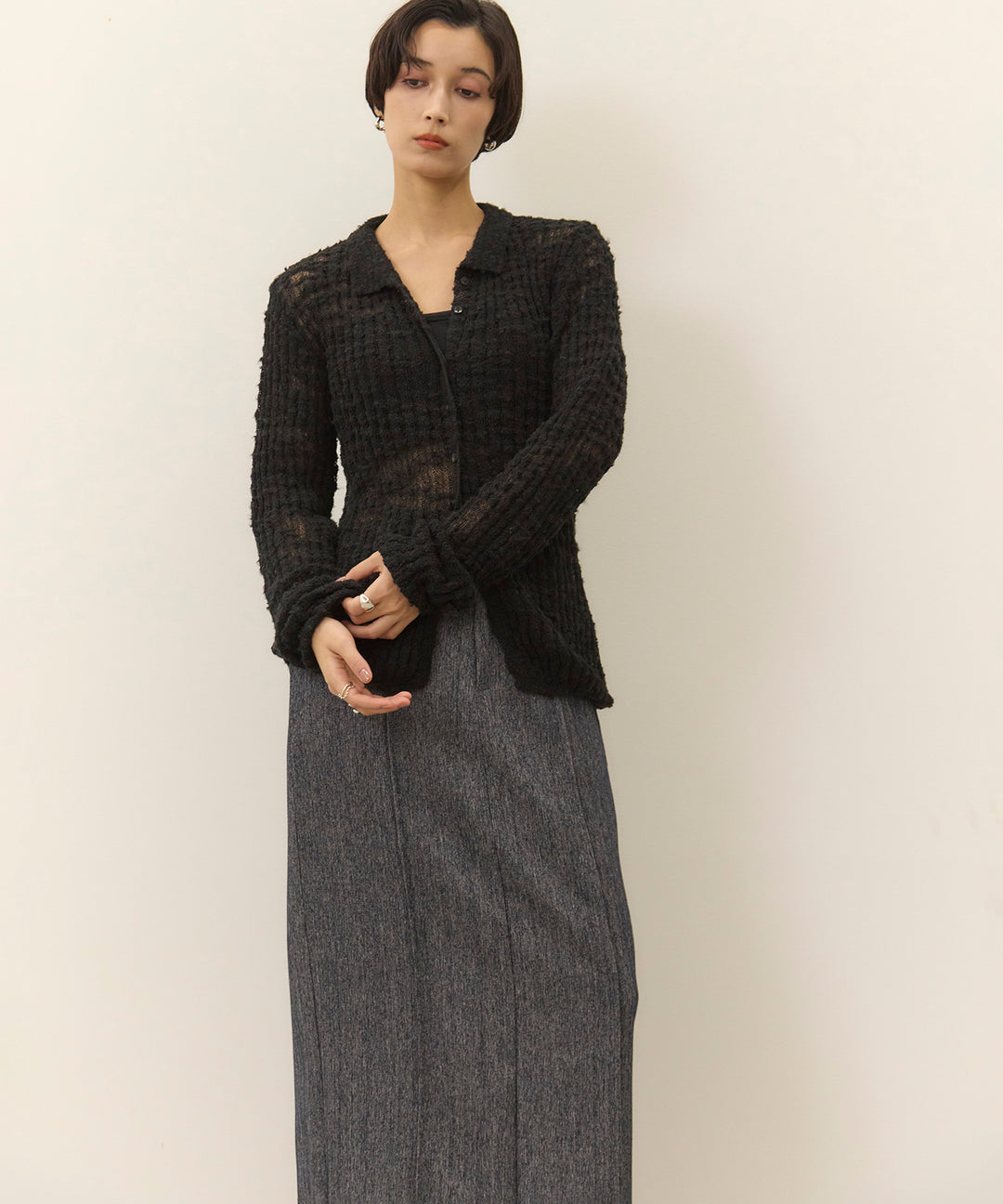 (eliuu)Pintuck Herringbone Skirt