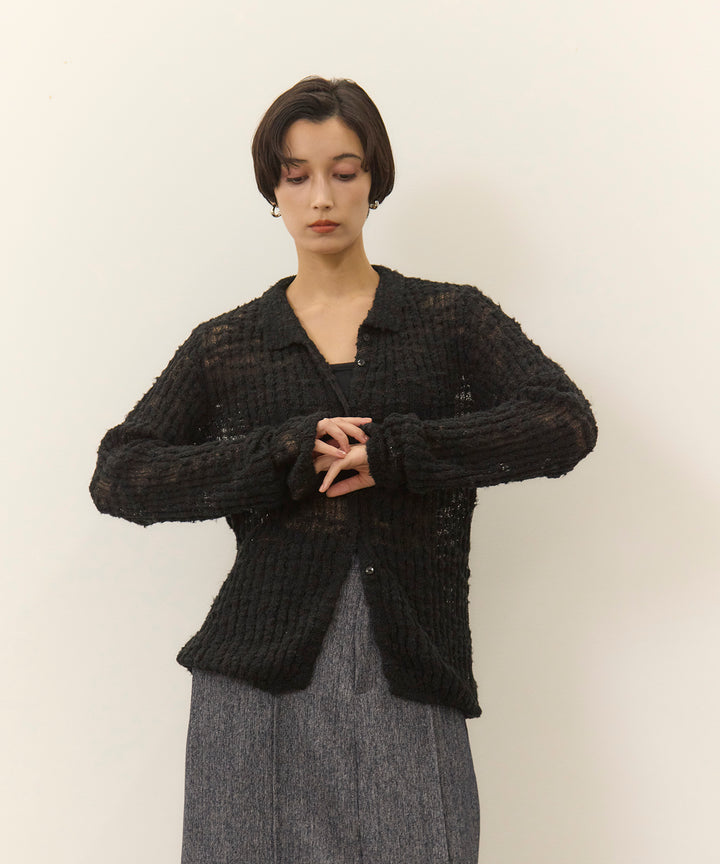 (eliuu)Slub Yarn Knit Polo Cardigan