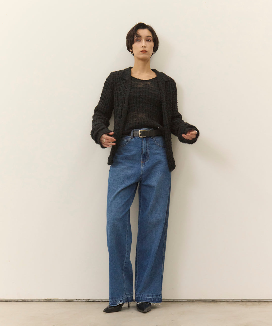 [2SET]Slub Yarn Knit Polo Cardigan+Hem Wash Denim