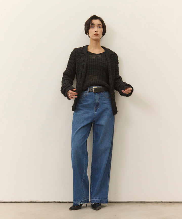 [2SET]Slub Yarn Knit Polo Cardigan+Hem Wash Denim