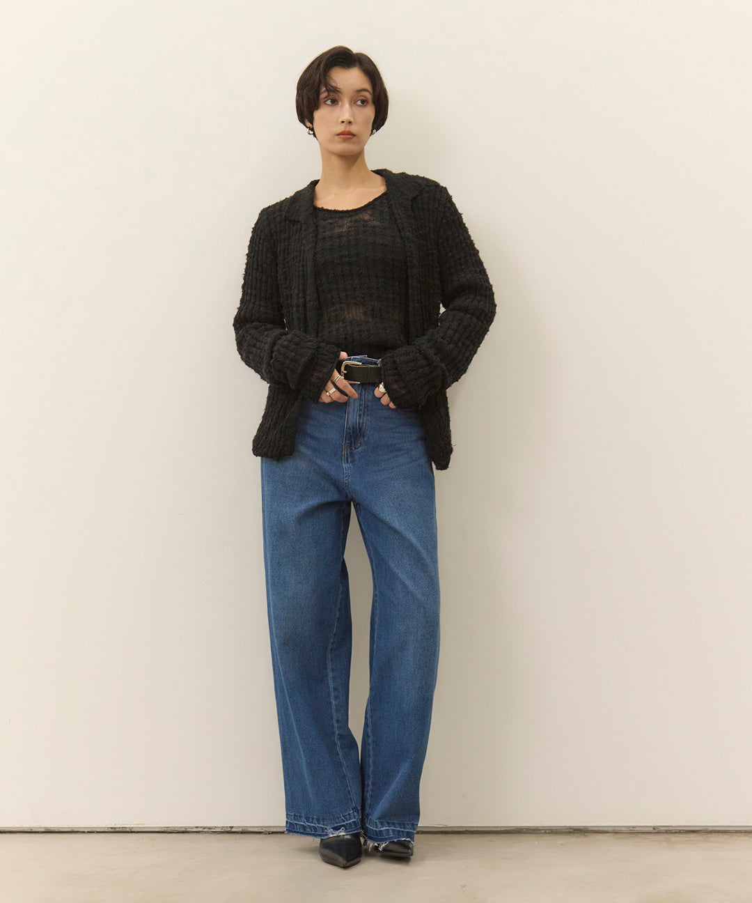 (eliuu)Slub Yarn Knit Polo Cardigan