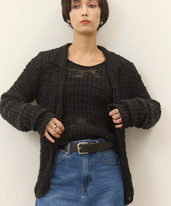 (eliuu)Slub Yarn Knit Polo Cardigan