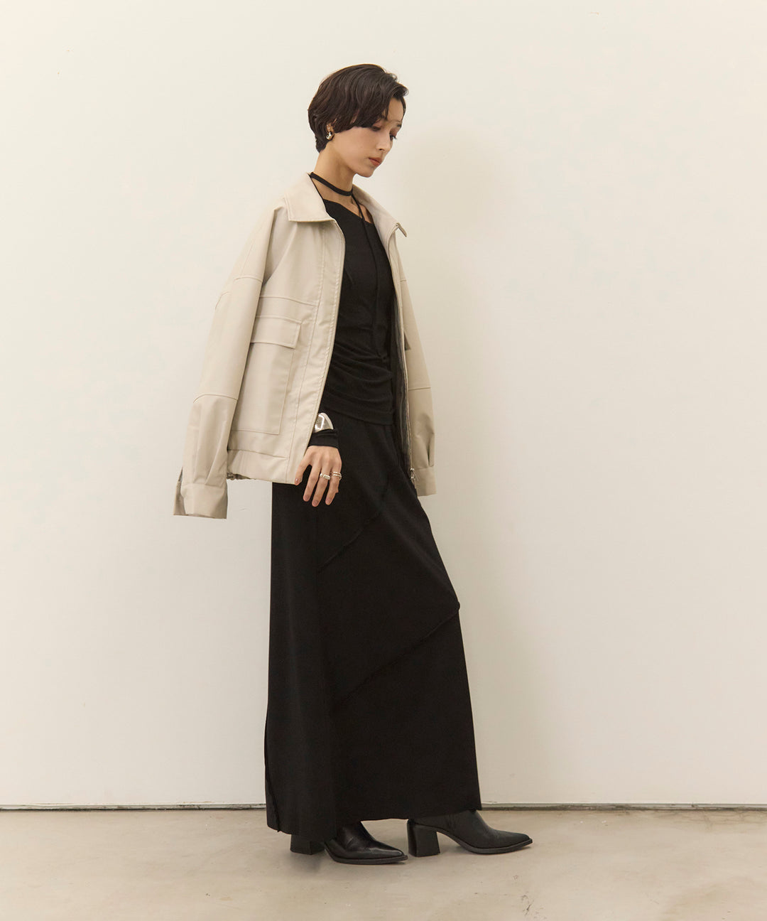 (eliuu)Choker Shirring Cut Long Tee