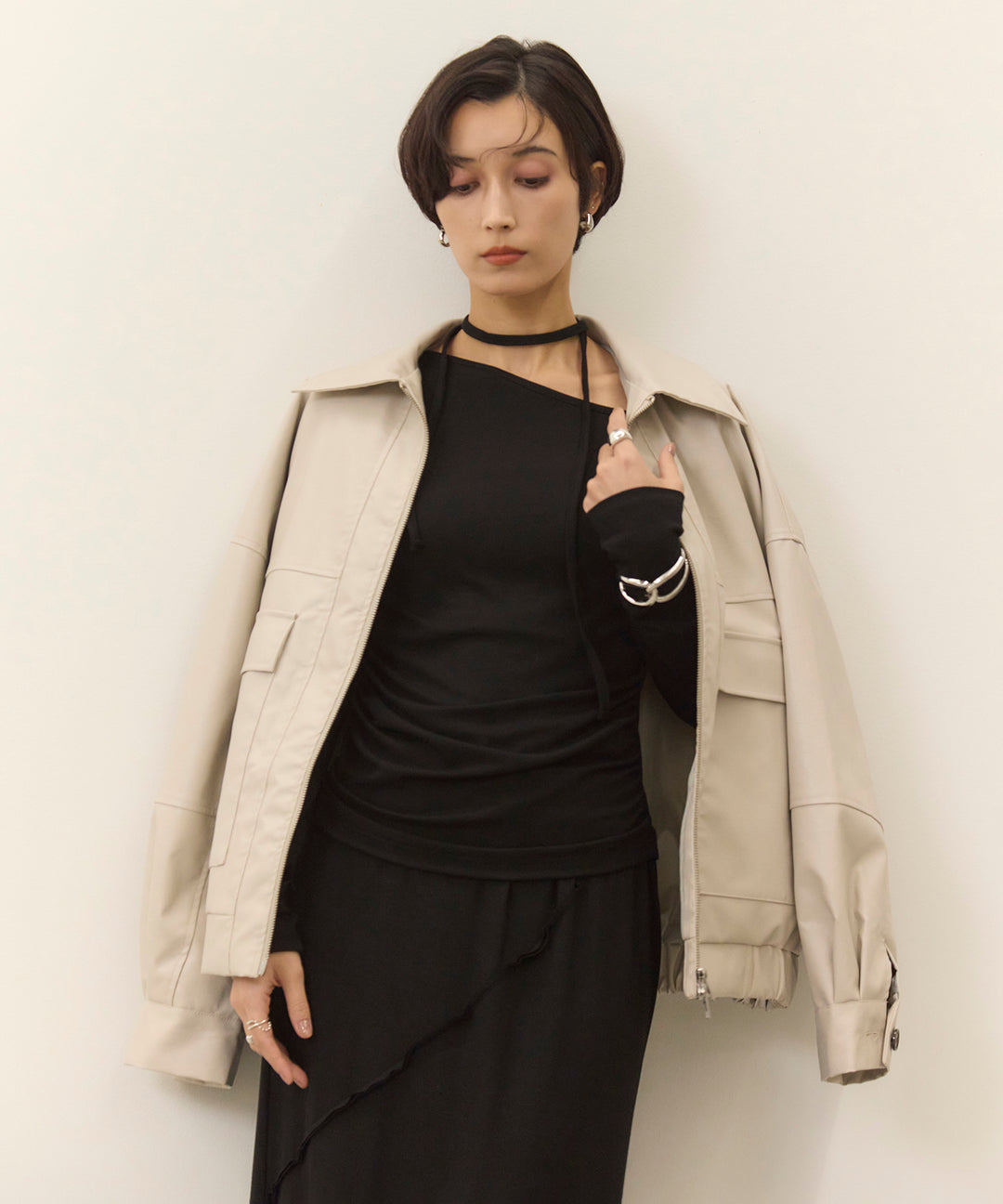 (eliuu)Choker Shirring Cut Long Tee