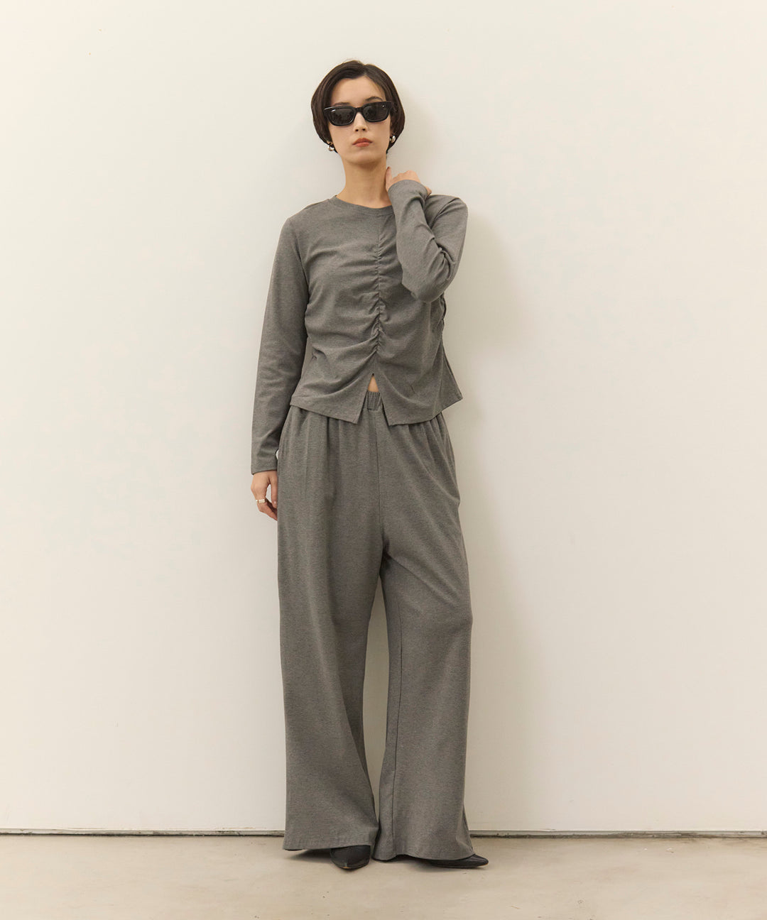 [SET]Shirring Cut Long Tee+Easy Cut Pants