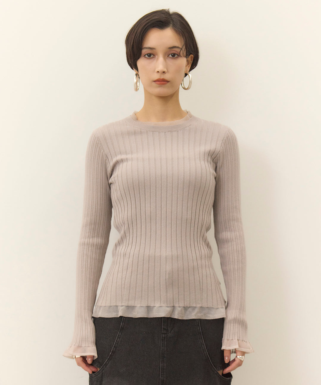 (eliuu)Sheer Mix Soft Knit Top