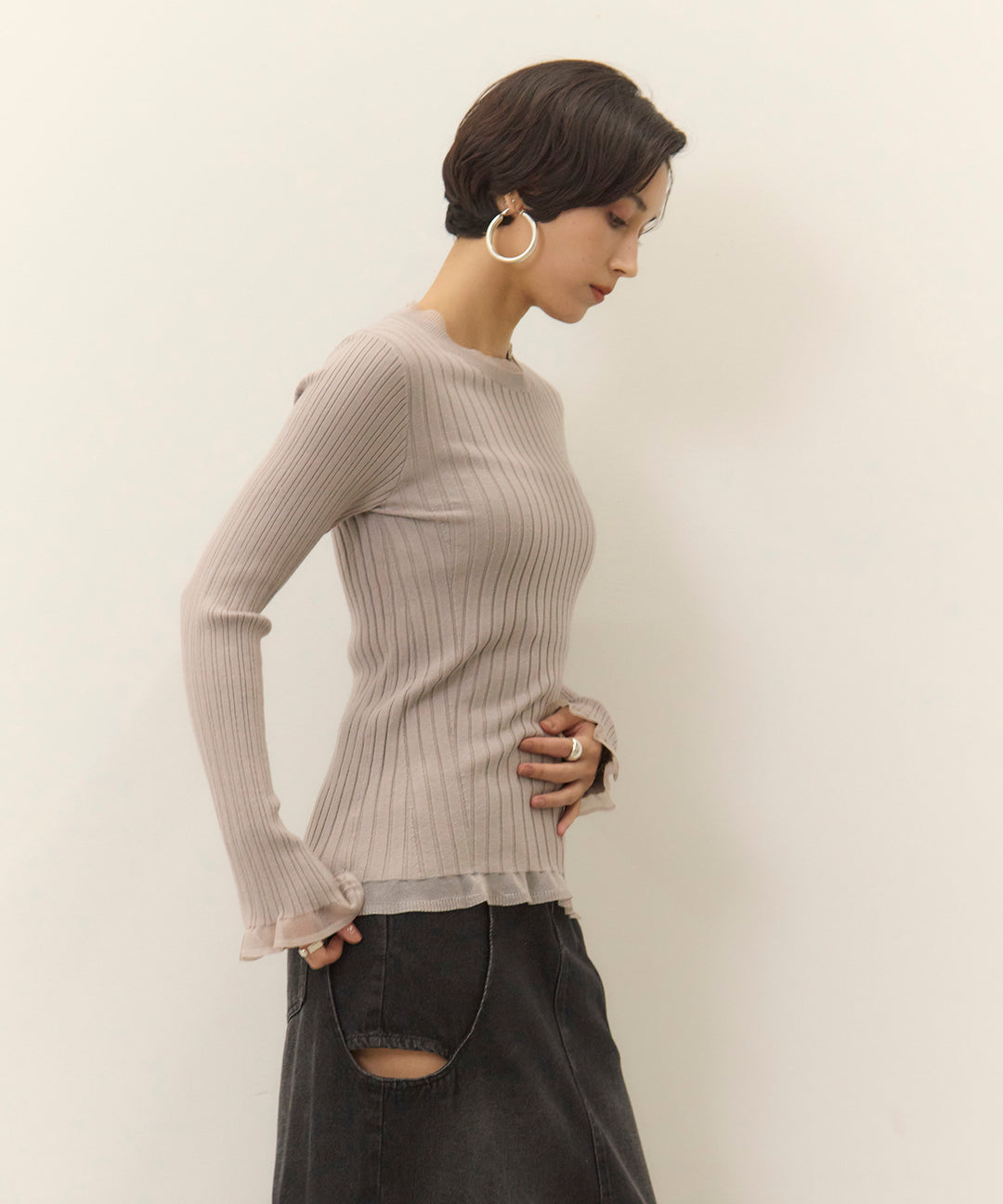 (eliuu)Sheer Mix Soft Knit Top