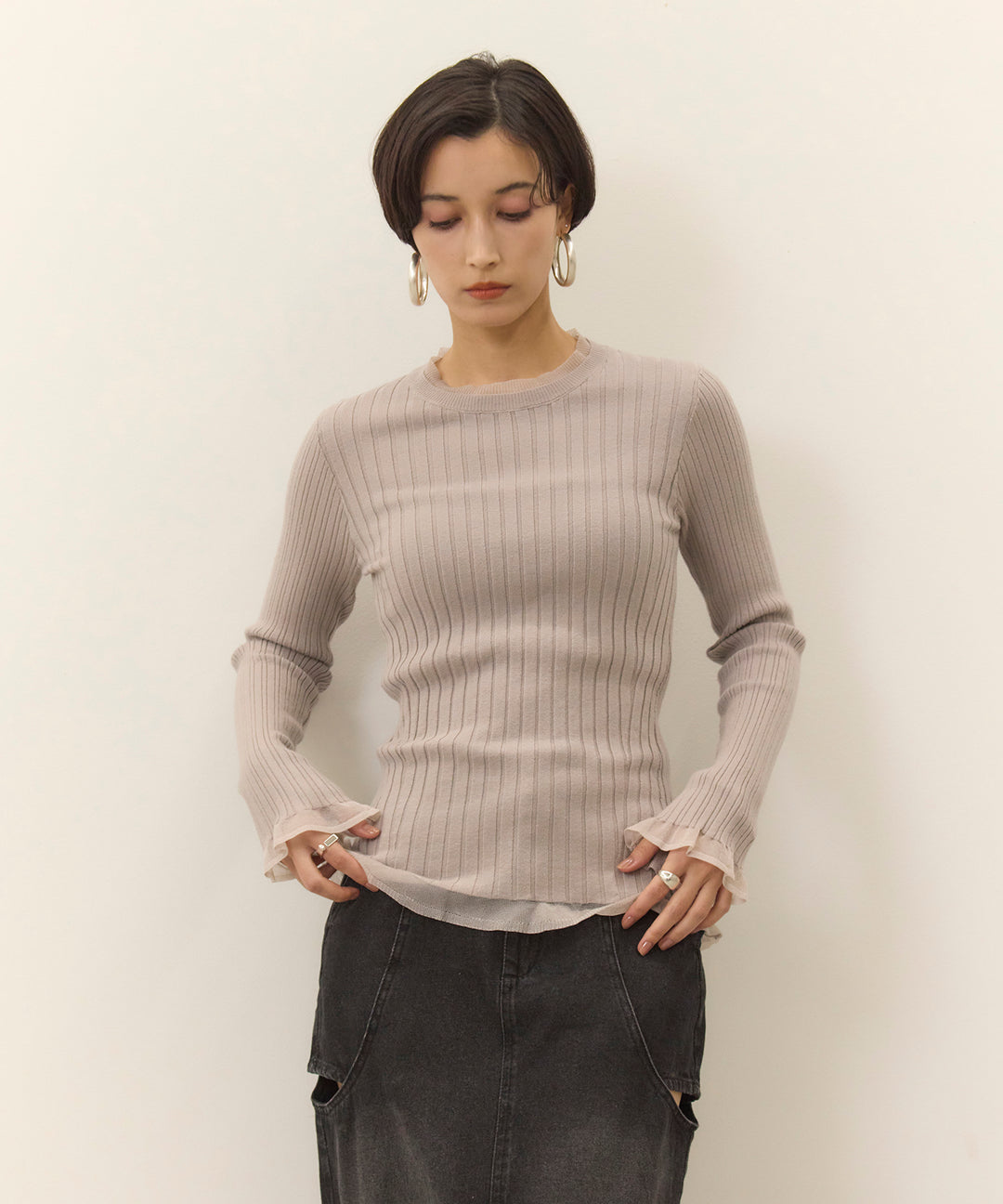 (eliuu)Sheer Mix Soft Knit Top