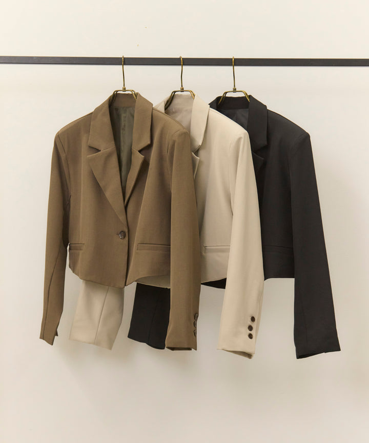 [2SET]Twill Cropped Tailored JK + Twill Tuck Slacks PT