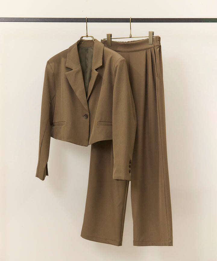 [2SET]Twill Cropped Tailored JK + Twill Tuck Slacks PT
