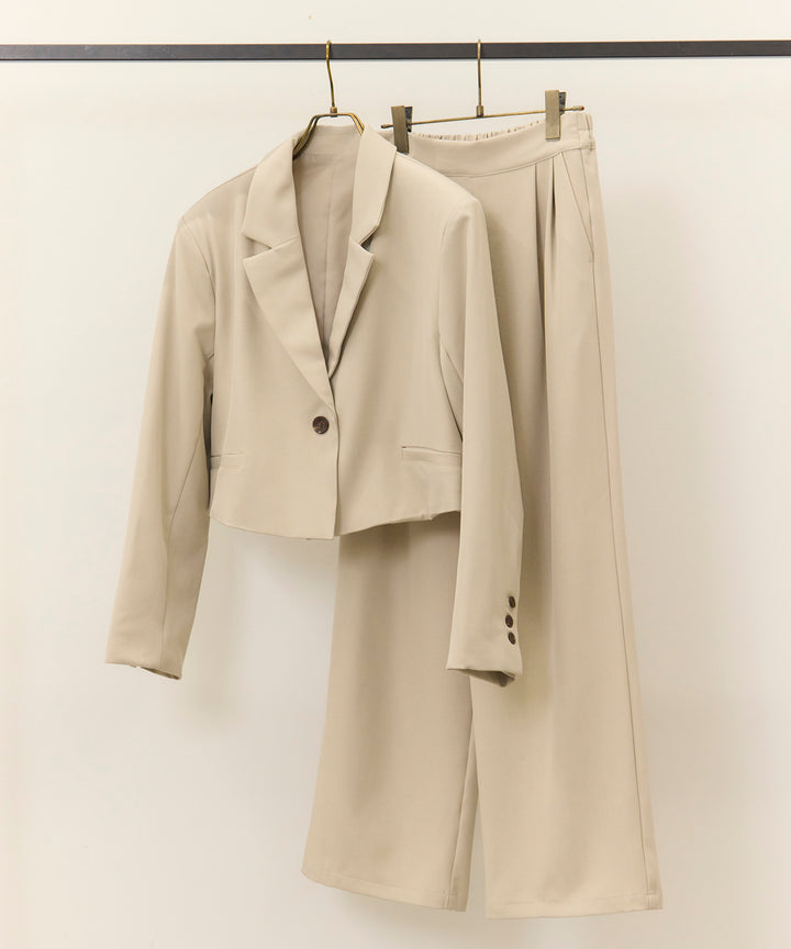 [2SET]Twill Cropped Tailored JK + Twill Tuck Slacks PT