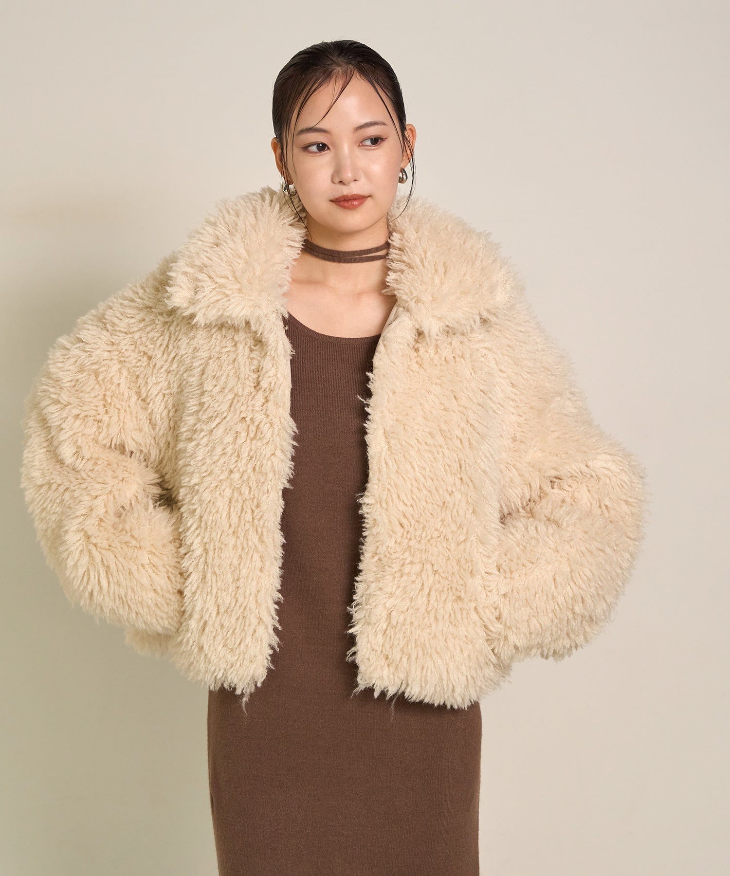 SET]Poodle Fur Short Jacket+Soft Touch Choker Knit Onepiece