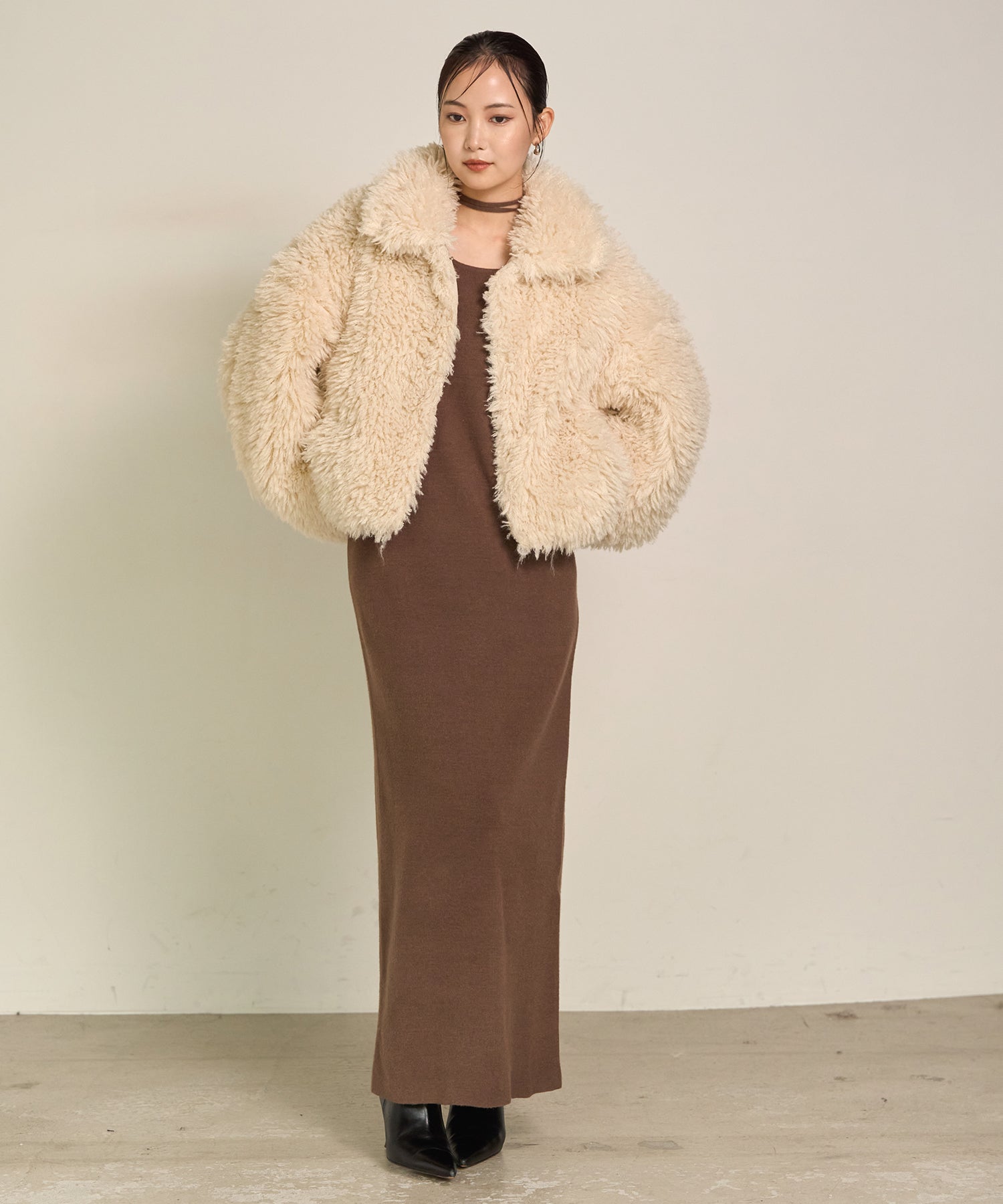 SET]Poodle Fur Short Jacket+Soft Touch Choker Knit Onepiece