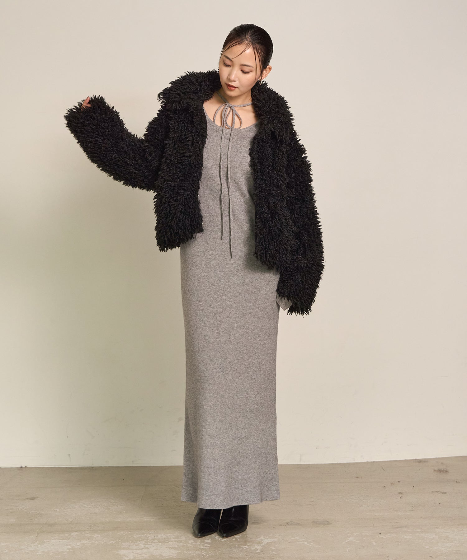 SET]Poodle Fur Short Jacket+Soft Touch Choker Knit Onepiece