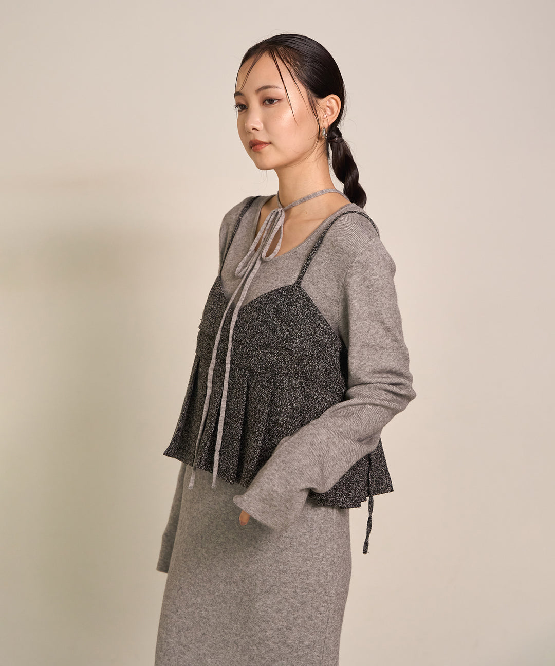 [SET]Soft Touch Choker Knit Onepiece+Pleat Tweed C/A Busrier