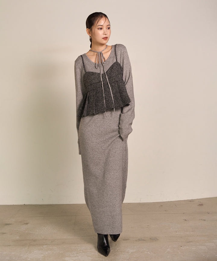 [SET]Soft Touch Choker Knit Onepiece+Pleat Tweed C/A Busrier
